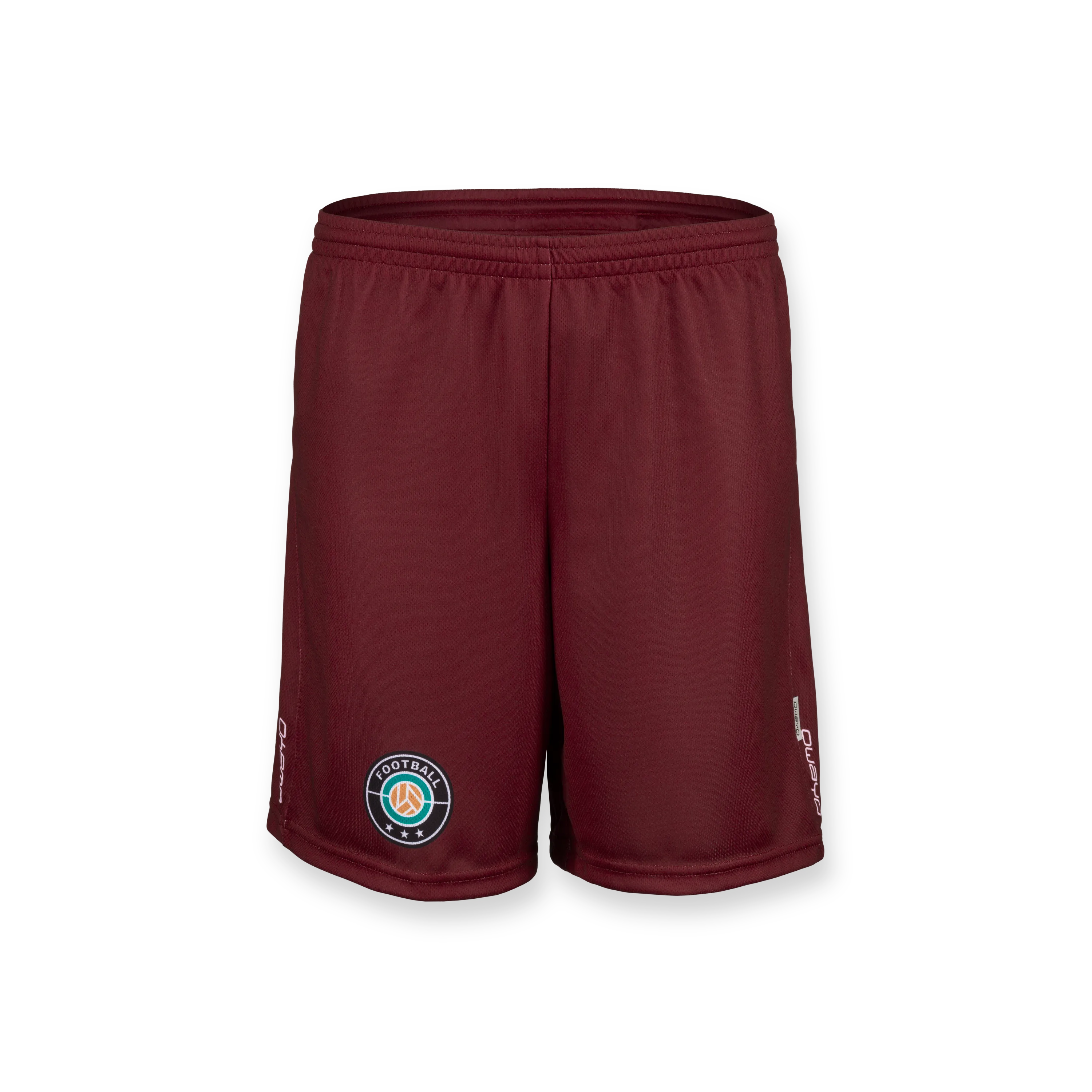 Pantaloncini sportivi corti color bordeaux con un logo di calcio sulla gamba sinistra.