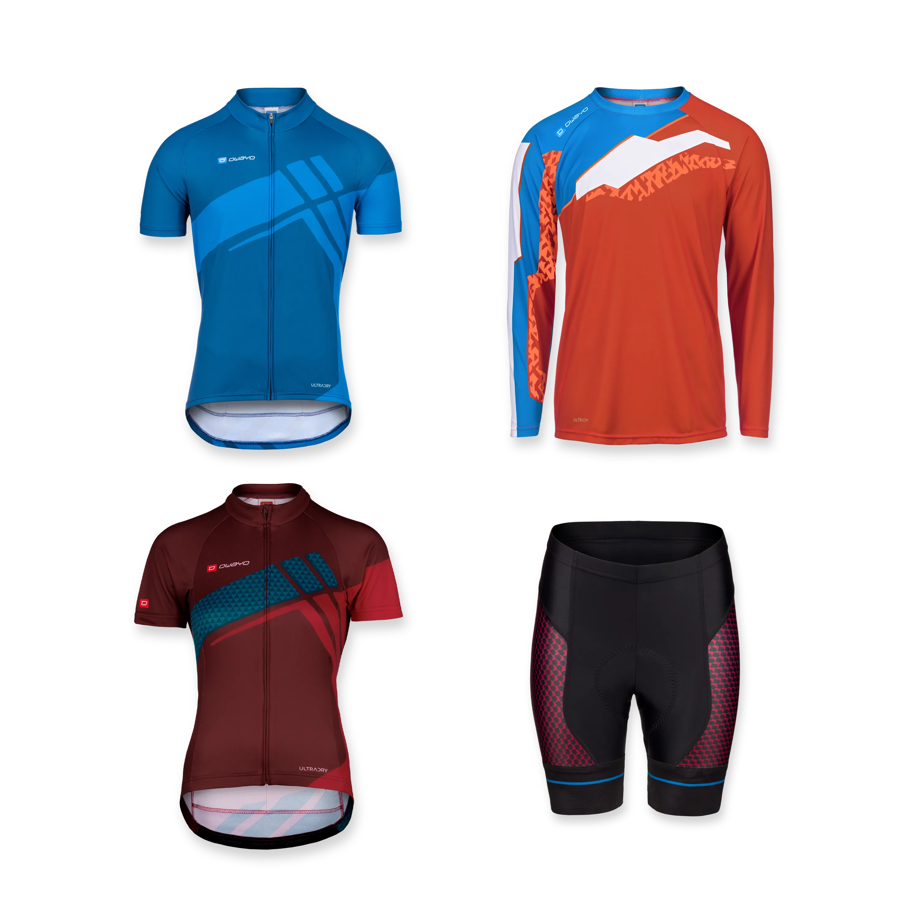 Quattro diversi articoli di abbigliamento sportivo, tra cui una maglietta a maniche corte blu, una maglietta a maniche lunghe rossa, una maglietta a maniche corte bordeaux e pantaloni da ciclismo neri.