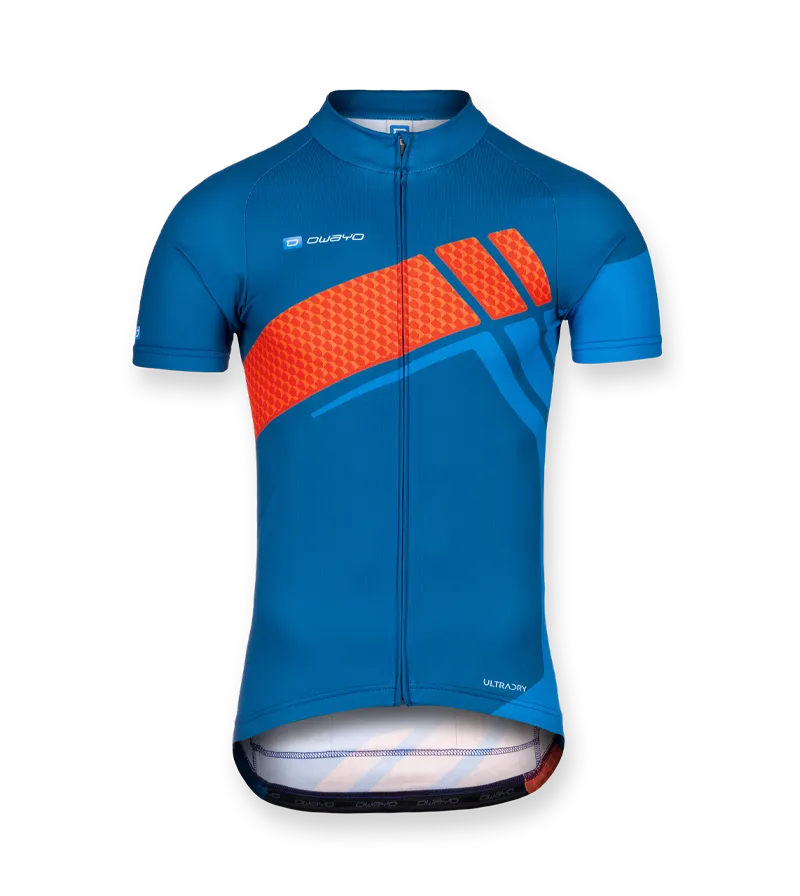 Una maglia da ciclismo blu e arancione per uomo con maniche corte, zip e il logo owayo sul petto.