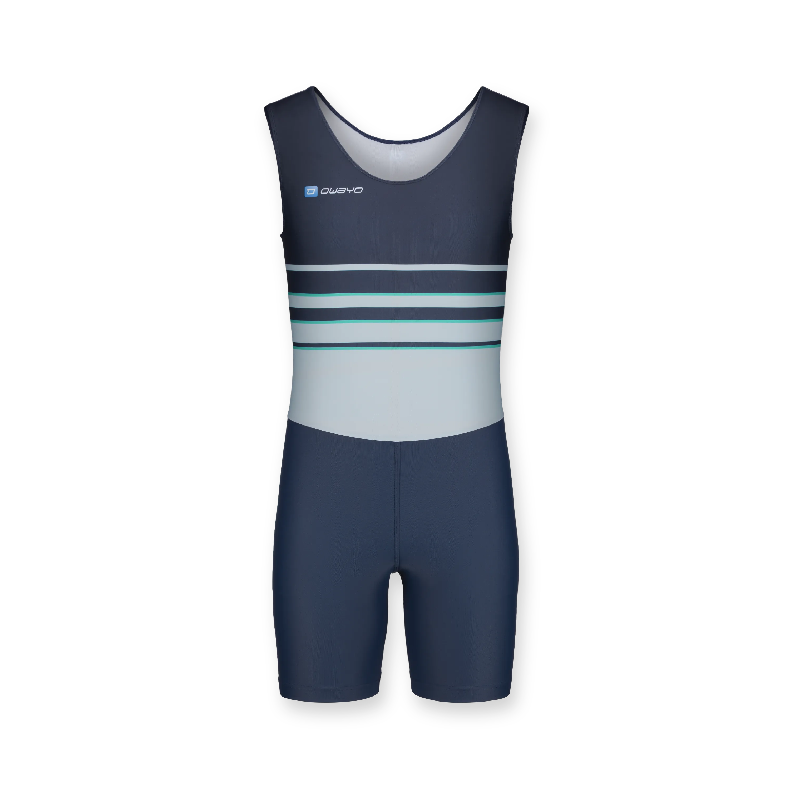 Un completo sportivo senza maniche in blu navy con strisce orizzontali in blu chiaro e verde nella parte superiore.