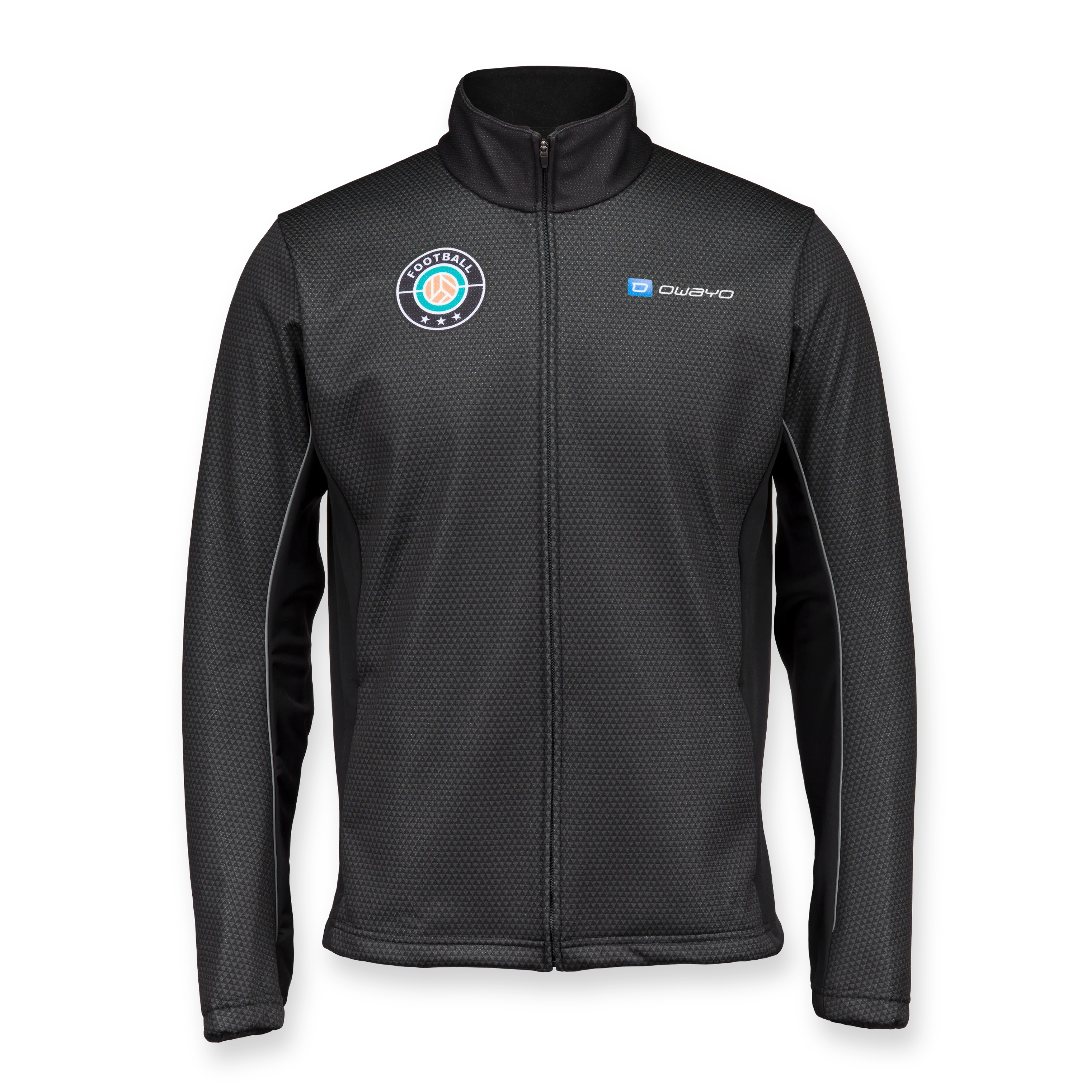 Una giacca sportiva nera con zip, colletto alto e un motivo testurizzato, perfetta per l'allenamento di calcio.