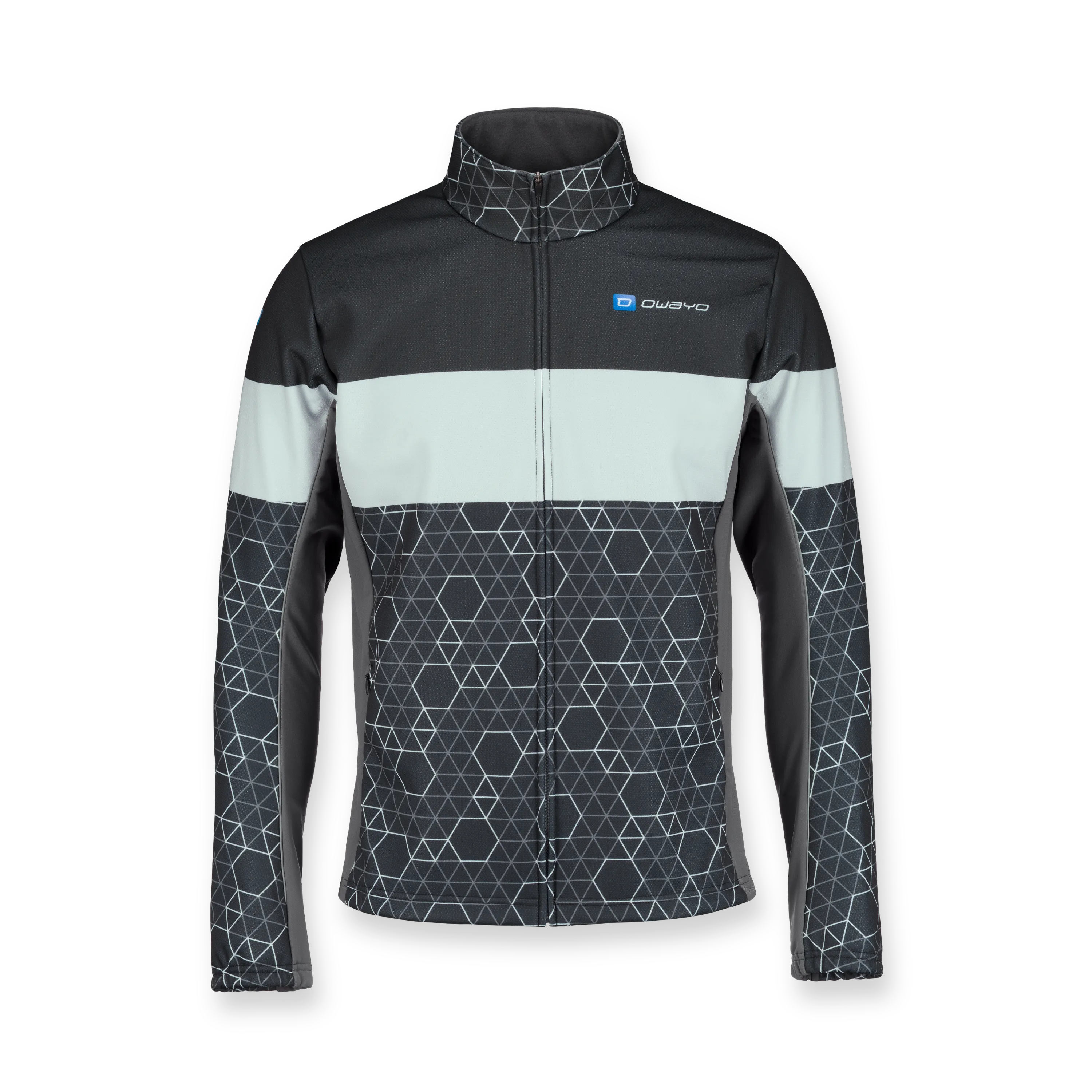 Giacca sportiva nera con design geometrico e colletto alto.