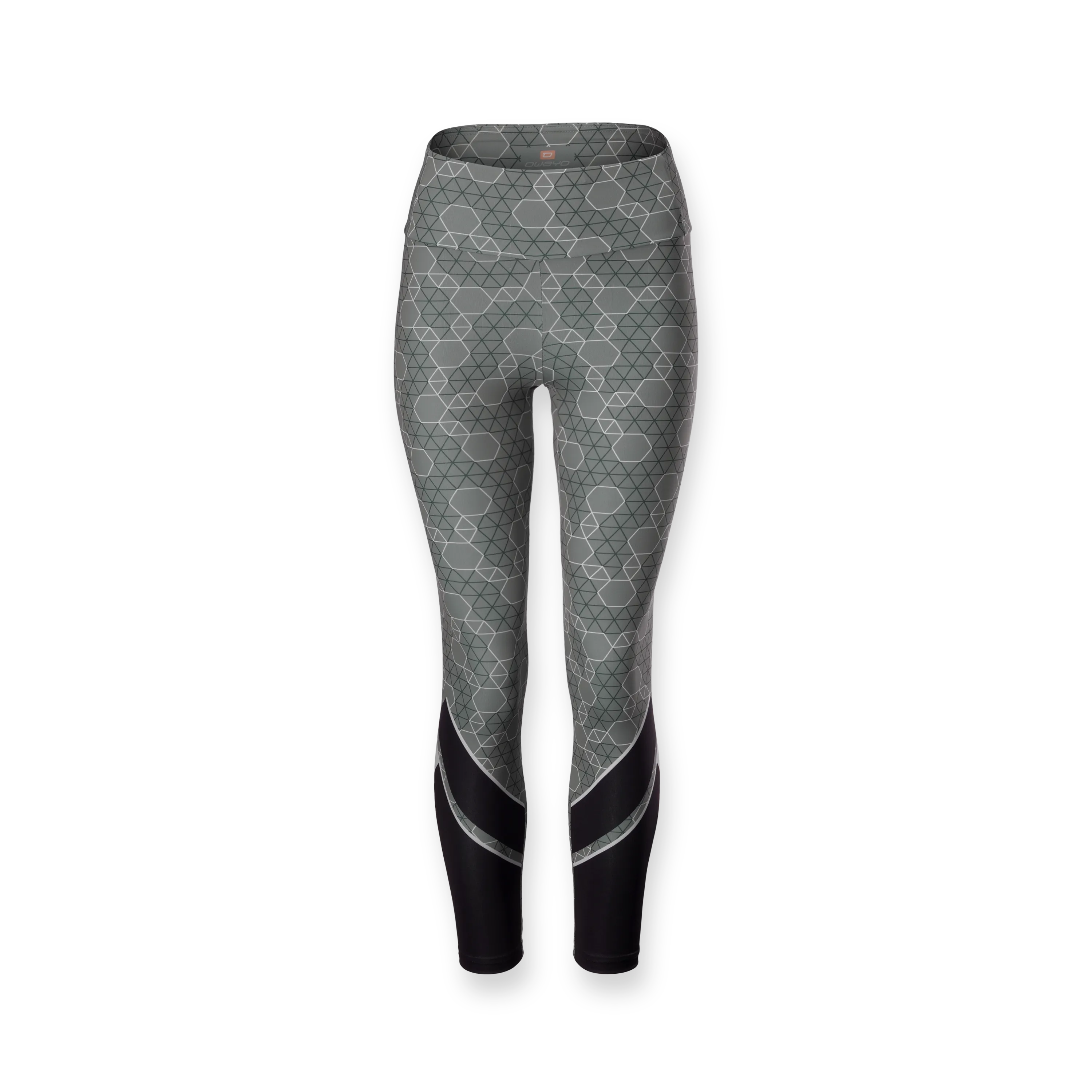 Leggings sportivi grigi con motivo, caratterizzati da una vita nera stretta e pannelli neri laterali.