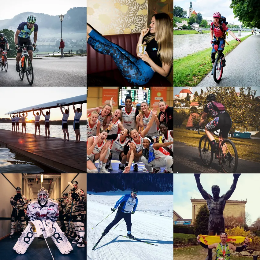Una collage di nove immagini mostra diverse persone in vari sport, tra cui ciclismo, pallacanestro, sci di fondo e mountain bike, indossando abbigliamento sportivo personalizzato di owayo.
