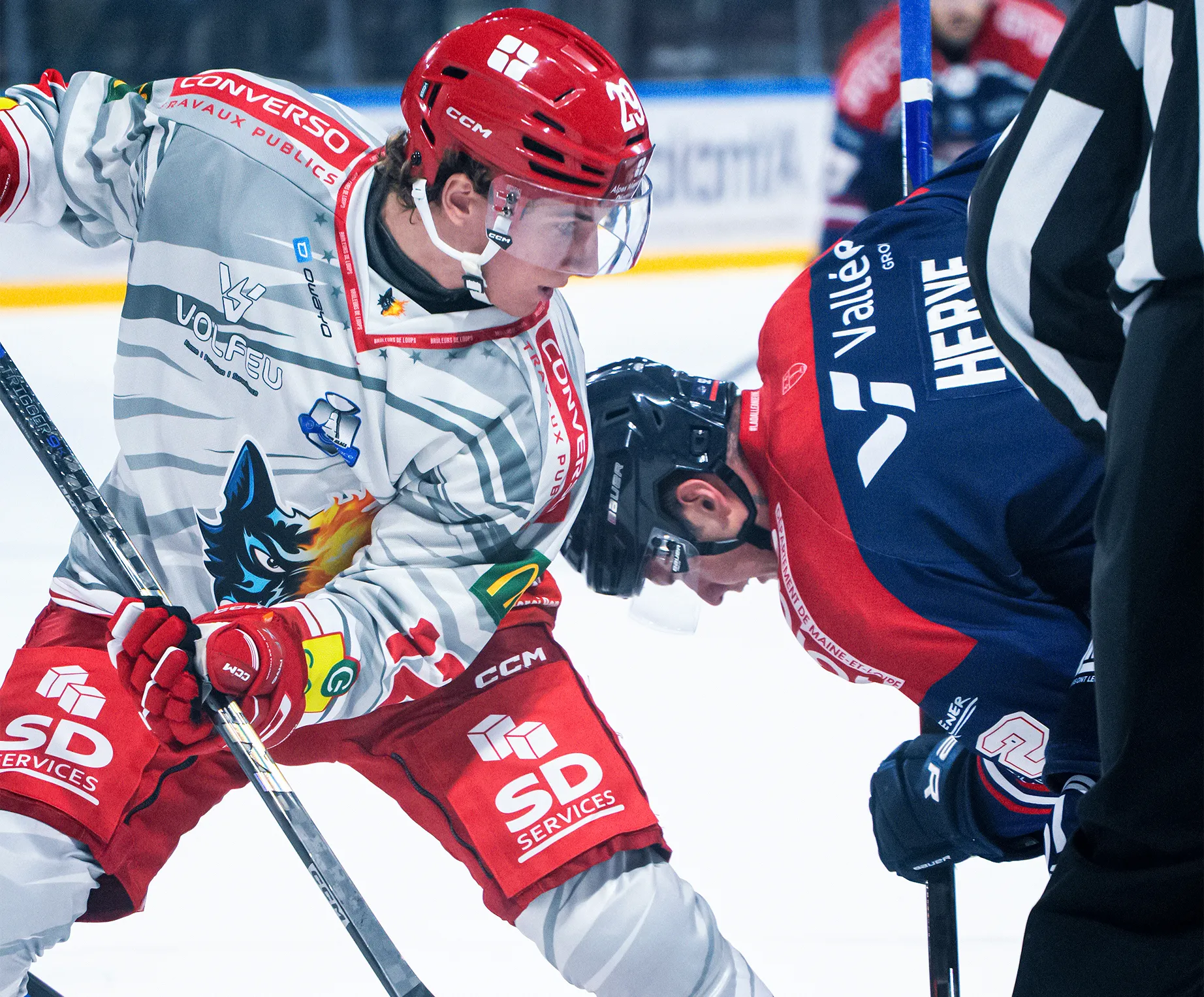 Due giocatori di hockey su ghiaccio si affrontano, pronti per un ingaggio, uno indossa una maglia grigia e rossa con un design di lupo.
