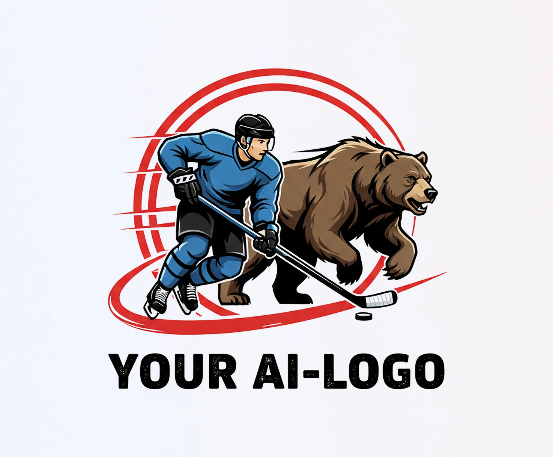 Un giocatore di hockey in maglia blu pattina con un bastone accanto a un orso.