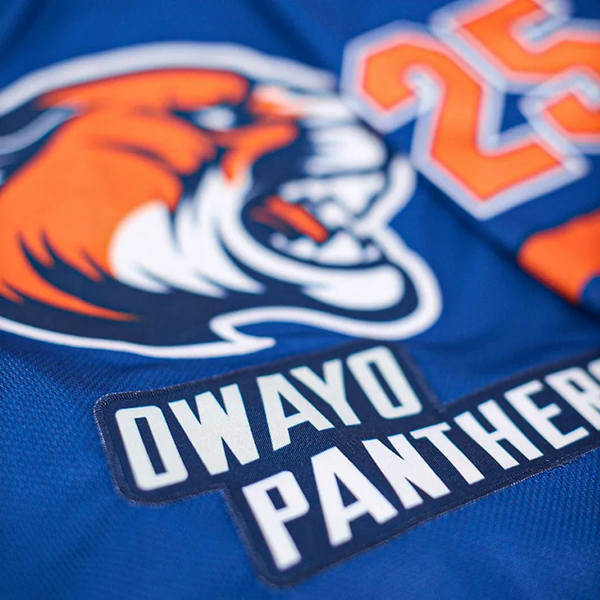 Primo piano di una maglia sportiva blu con un logo di tigre e il numero 25.