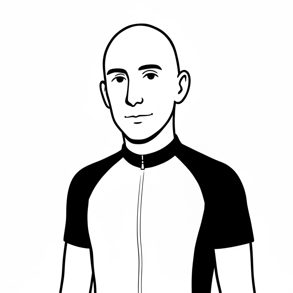Un disegno in bianco e nero di un uomo con un indumento sportivo bicolore con cerniera.