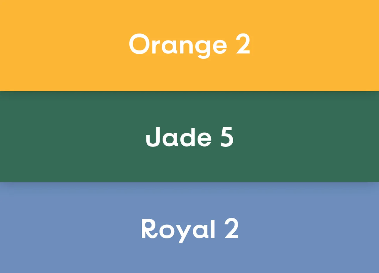 Tre blocchi orizzontali di colore arancione, giada e blu reale con le etichette 'Orange 2', 'Jade 5' e 'Royal 2'.