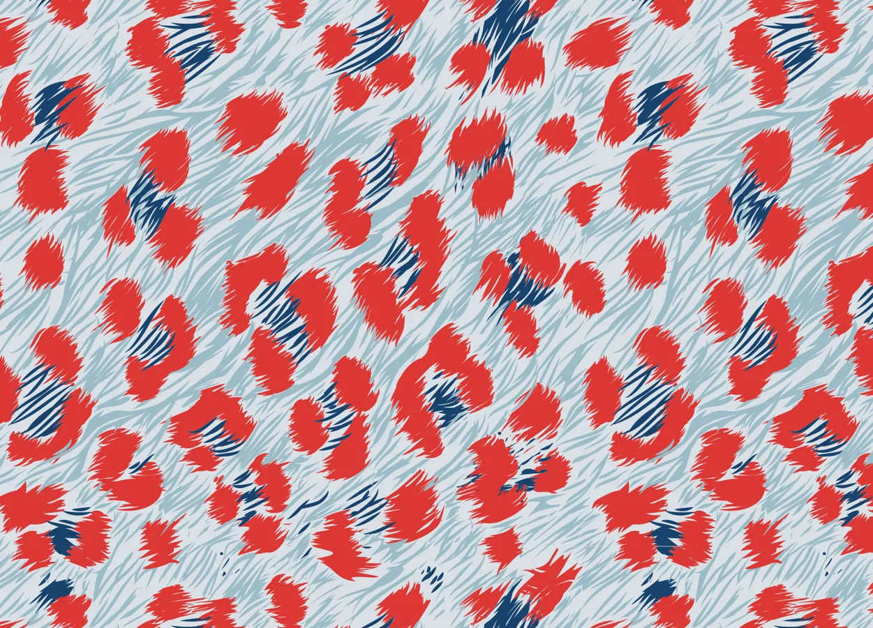 Un motivo astratto con macchie rosse e blu su uno sfondo azzurro chiaro con texture a strisce.
