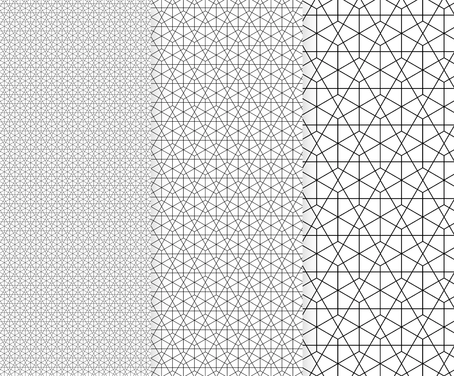 Tre pannelli verticali che mostrano diversi disegni geometrici in bianco e nero, adatti per abbigliamento sportivo personalizzato.