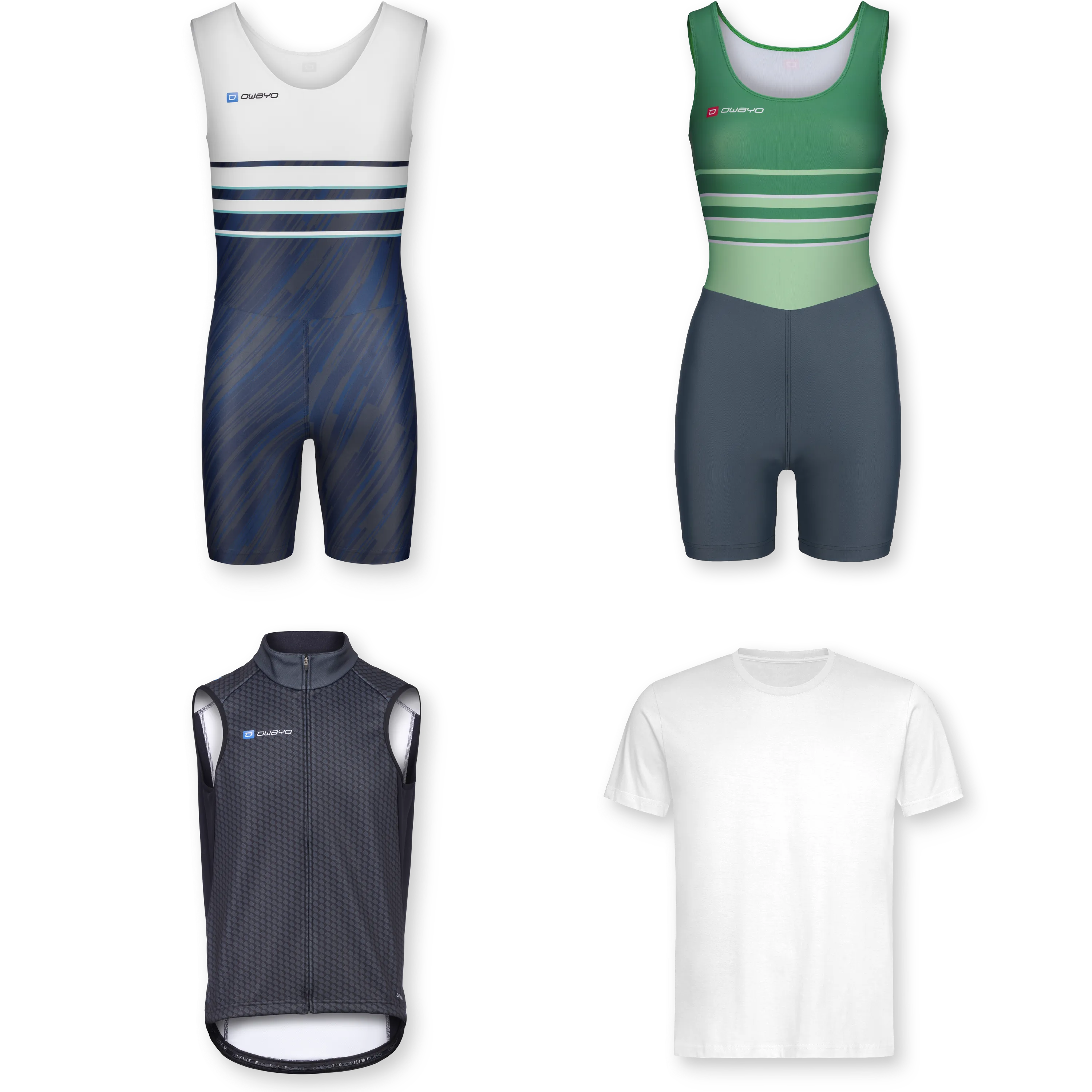Vari articoli di abbigliamento sportivo per il canottaggio, inclusi tute e una maglietta.