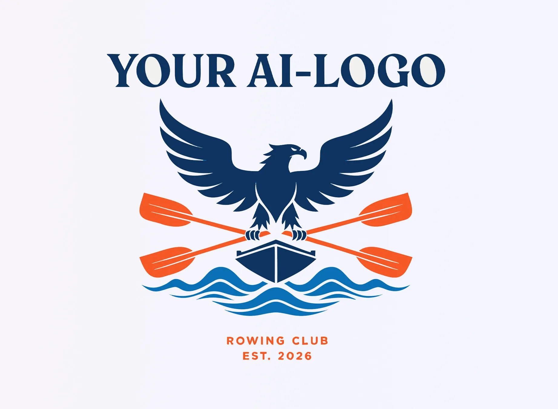 Un logo con un'aquila sopra una barca e remi, con onde sullo sfondo e il testo 'YOUR AI-LOGO' sopra.